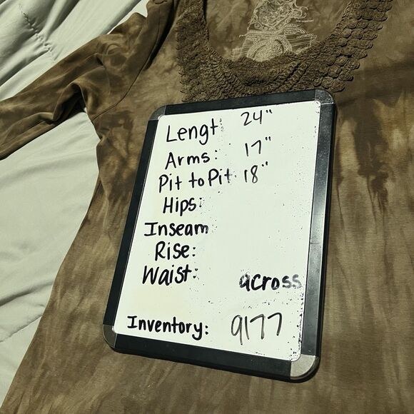 Glima Brown Tie Dye Shirt Womens Size L 3/4 Sleeve Hippie Boho Crochet Neck - Picture 9 of 9